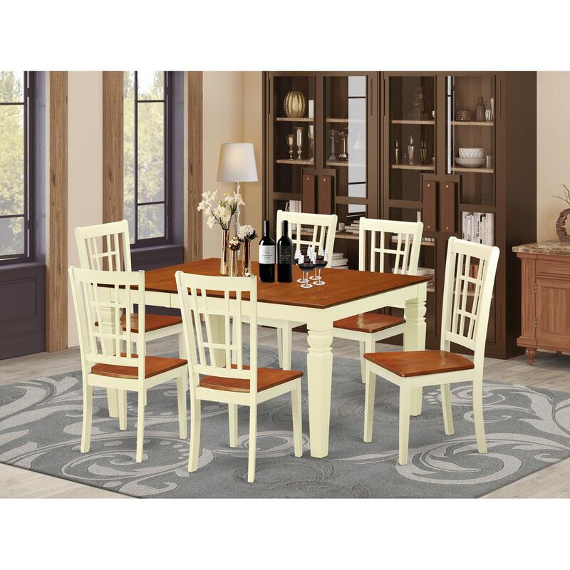7 Pc Kitchen table set with a Dining Table and 6 Wood Kitchen Chairs in Buttermilk and Cherry