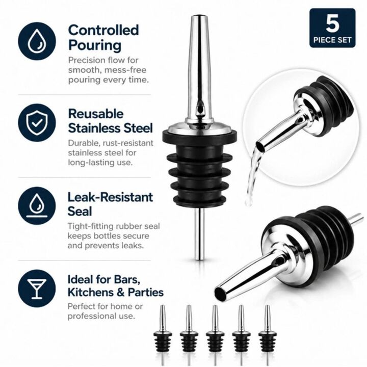 Pack of 5 Stainless Steel Speed Pourer Spouts Set