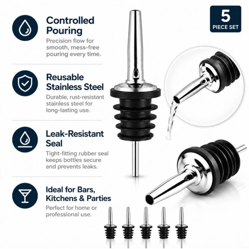 Pack of 5 Stainless Steel Speed Pourer Spouts Set image number 1