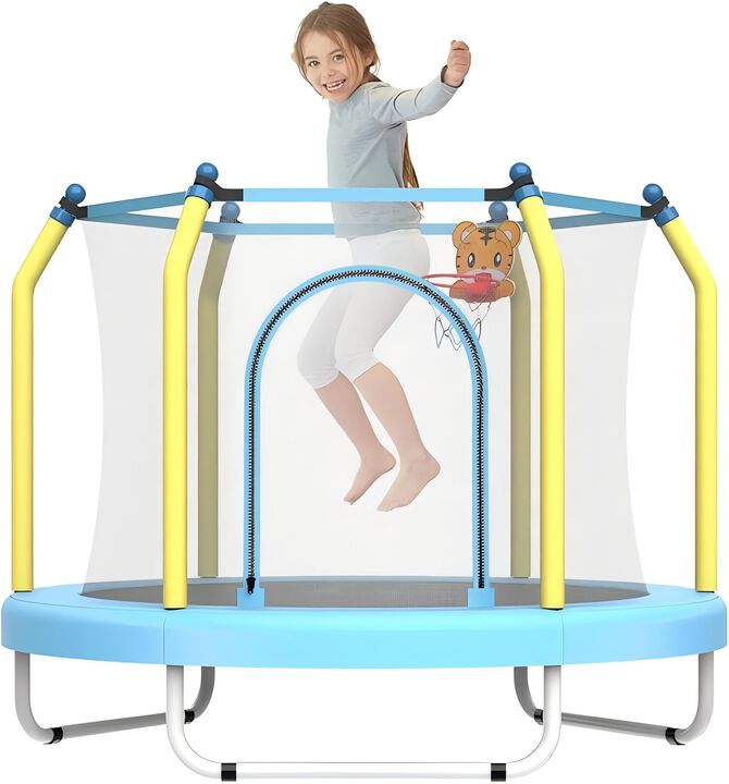 Mersco Kids Trampoline 55-Inch With Basketball Hoop & Safety Enclosure Net, Indoor & Outdoor Toddler Trampoline Active Kids Rebounder