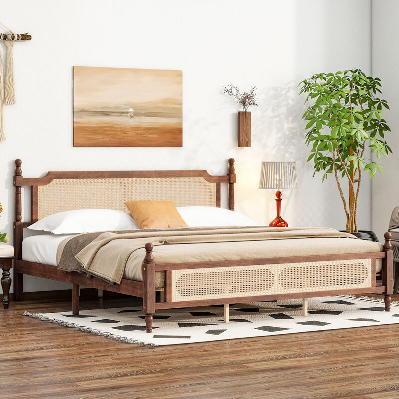 Whisen King Pine Wooden Bed with Rattan Headboard and Footboard, with Central Enhanced Bed Platform image number 2