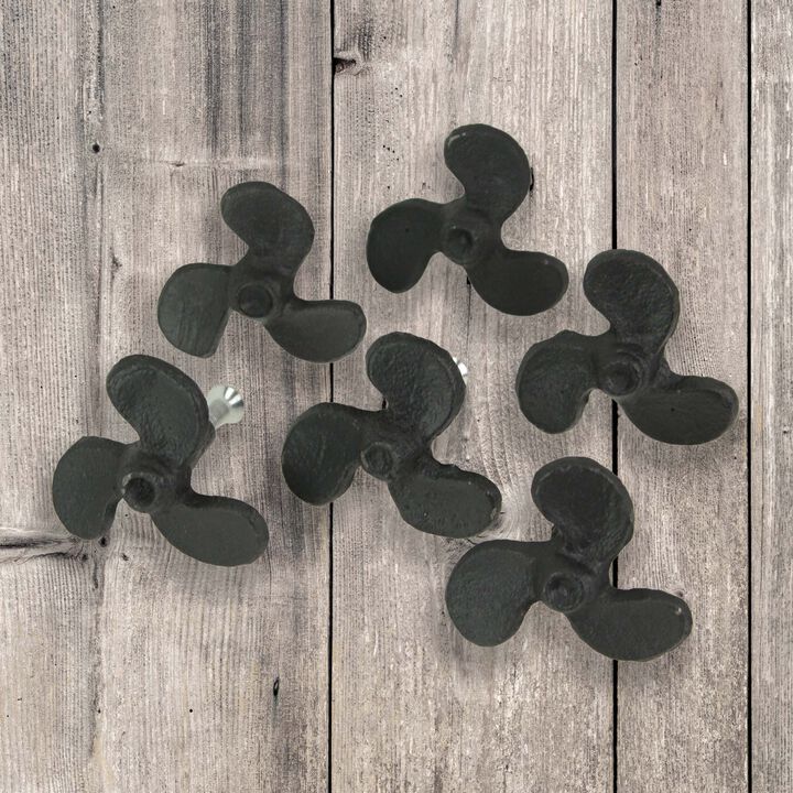 Set of 6 Rustic Black Cast Iron Boat Propeller Drawer Pulls - Nautical Decor with Weathered Charm - 1.75 Inches in Diameter, Perfect for Cabinets and End Tables
