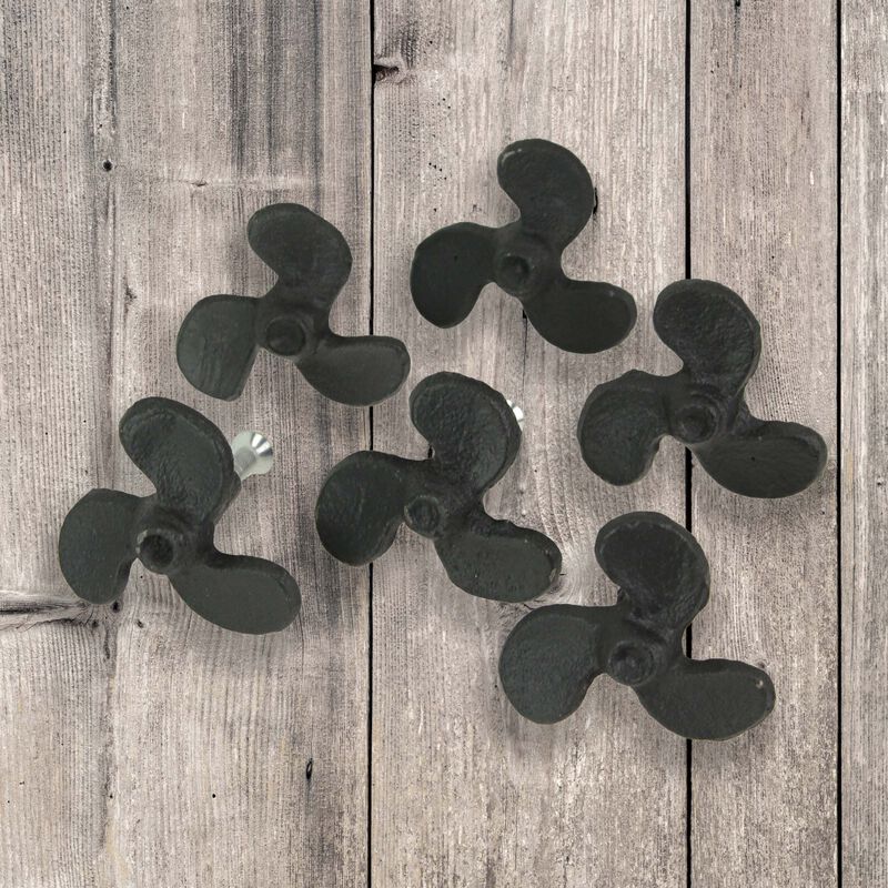 Set of 6 Rustic Black Cast Iron Boat Propeller Drawer Pulls - Nautical Decor with Weathered Charm - 1.75 Inches in Diameter, Perfect for Cabinets and End Tables image number 1