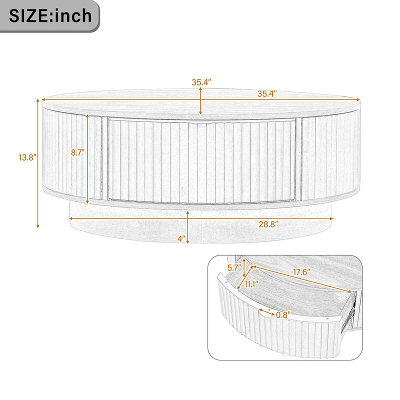 Merax Contemporary Round Coffee Table with Fluted Side Detailing, Concealed Drawers & Gold image number 3