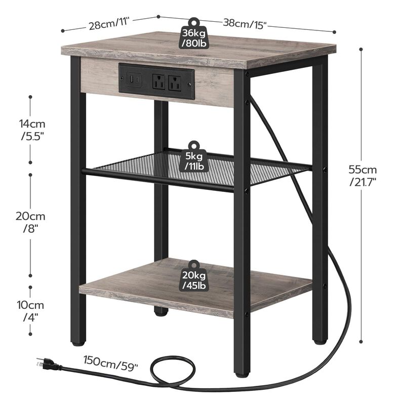 Side Table with Charging Station, 3 Tier End Table with USB and Power Outlet image number 2