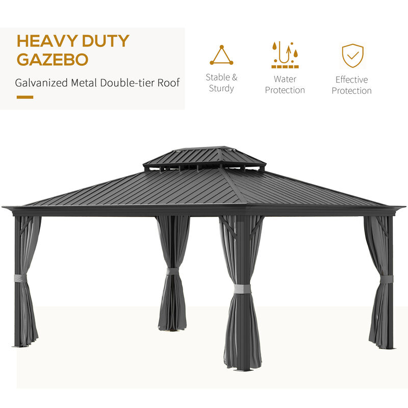 Outsunny 10' x 12' Hardtop Gazebo Canopy with Galvanized Steel Double Roof, Aluminum Frame, Permanent Pavilion Outdoor Gazebo with Netting and Curtains for Patio, Garden, Backyard, Deck, Lawn, Gray