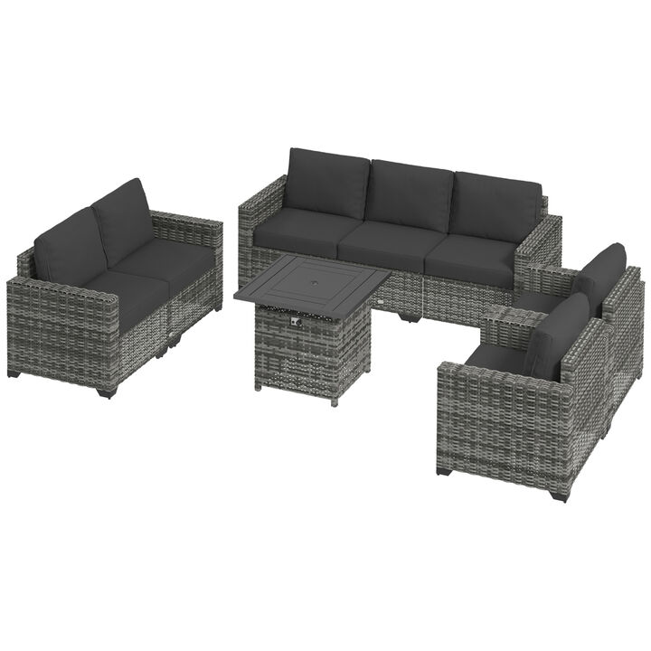 Outsunny 5 Piece Wicker Patio Furniture Set with Thick Padded Cushions, Outdoor PE Rattan Sectional Furniture Conversation Sofa Set, Sofa, Chairs, Loveseat and Fire Pit Table, Dark Gray