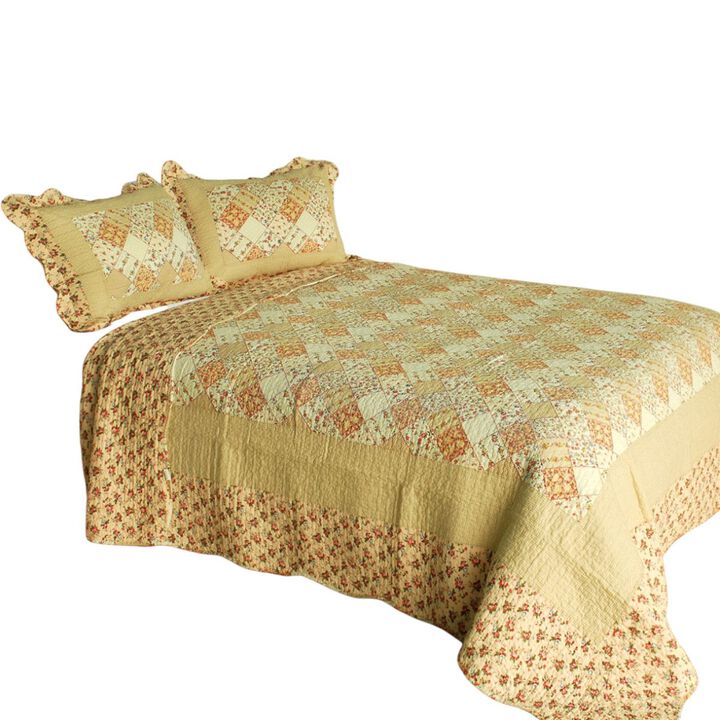 3PC Cotton Printed Quilt Set Queen Size Vermicelli Quilted Soft Bed Cover Set