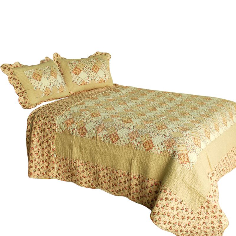 3PC Cotton Printed Quilt Set Queen Size Vermicelli Quilted Soft Bed Cover Set image number 1