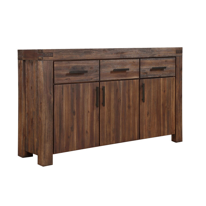 Three Drawers Solid Acacia Wood Sideboard with Three Door Cabinets, Brick Brown