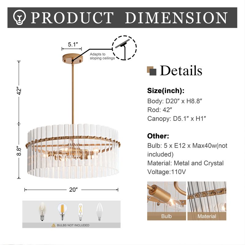 Paula Brushed Brass 5-light 20" Hollow Glass Round Chandelier image number 2