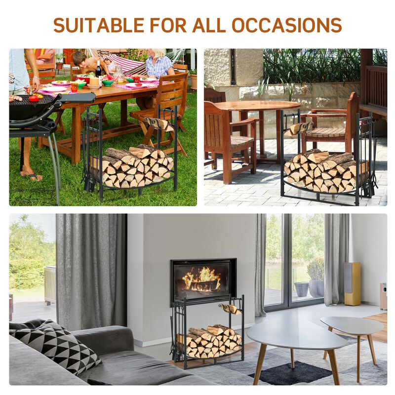 Firewood Rack with 4 Tool Set Kindling Holders for Indoor and Outdoor