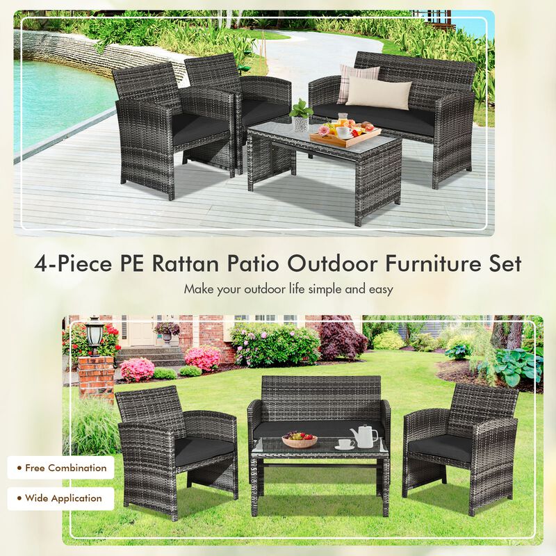 4 Pcs Patio Rattan Furniture Set Top Sofa With Glass Table