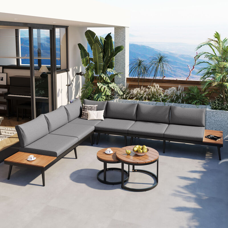 Clihome 6-Piece Outdoor Sectional Sofa Set with Round Nesting Coffee Tables and Seating Sofa with Cushions for Patio image number 2