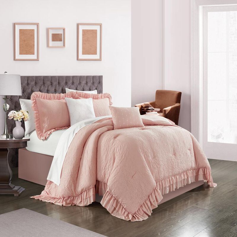 Chic Home Kensley Comforter Set Washed Crinkle Ruffled Flange Border Design Bedding Blush, Twin image number 4