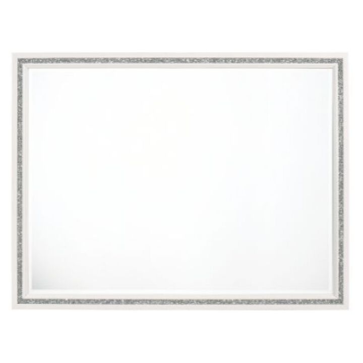 46 Inch Solid Wood Mirror, Shimmering Silver Accent, Landscape, White-Benzara