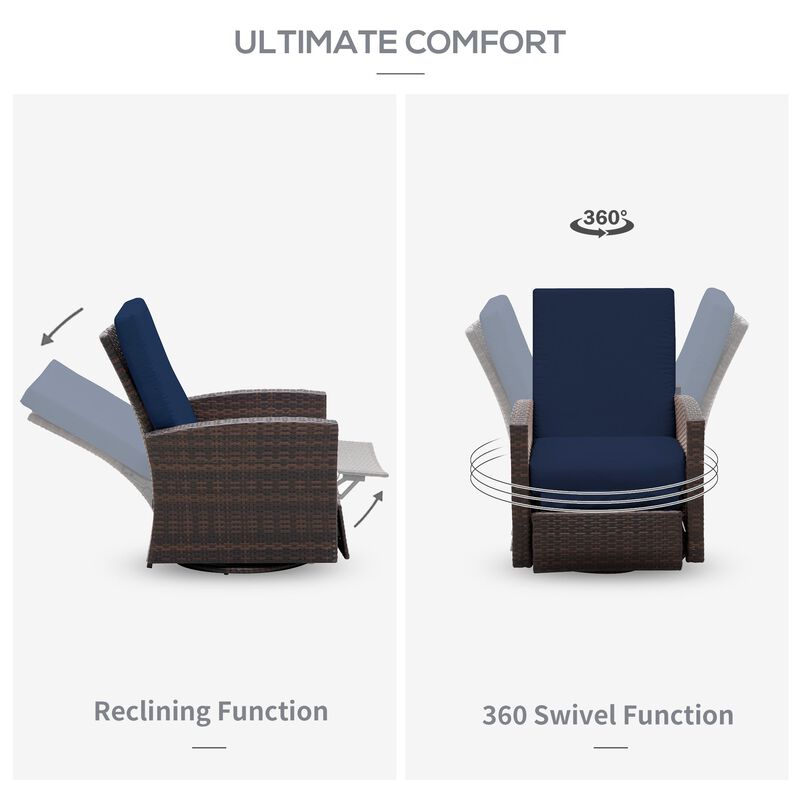 Patio Wicker Recliner Chair with Footrest, Outdoor PE Rattan 360Â°Swivel Chair with Soft Cushion, Lounge Chair for Patio, Dark Blue