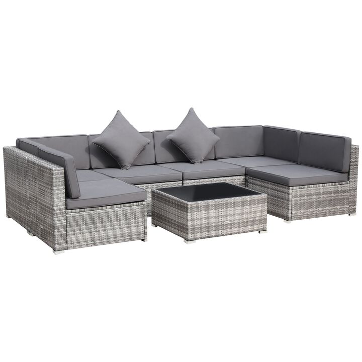 7-Piece Patio Furniture Sets Outdoor Wicker Conversation Sets PE Rattan Sectional sofa set with Cushions & Glass Desktop, Charcoal Black