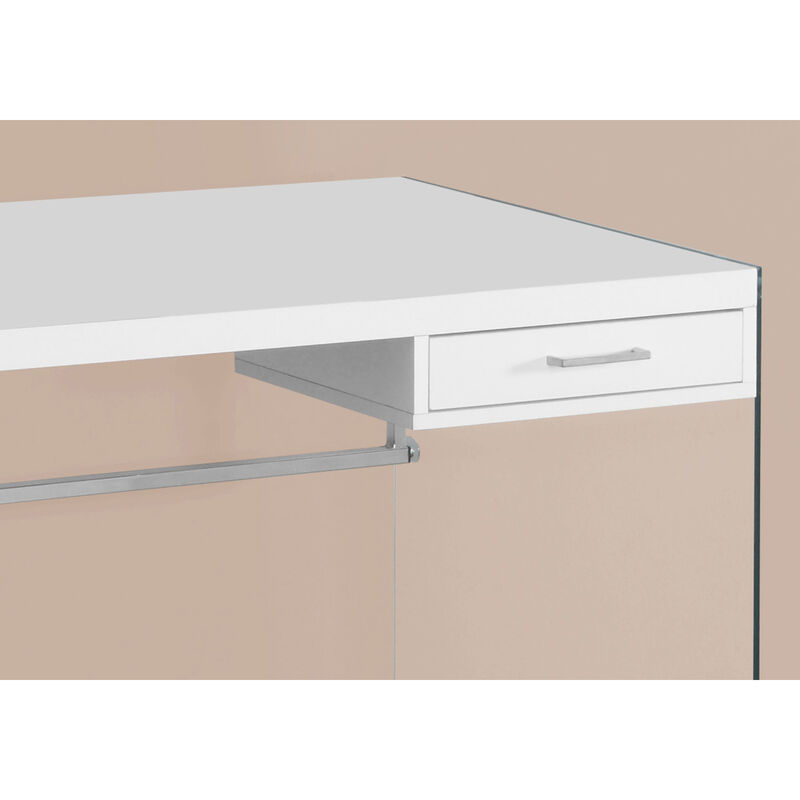 Monarch Specialties I 7209 Computer Desk, Home Office, Laptop, Storage Drawers, 48"L, Work, Tempered Glass, Laminate, Glossy White, Clear, Contemporary, Modern