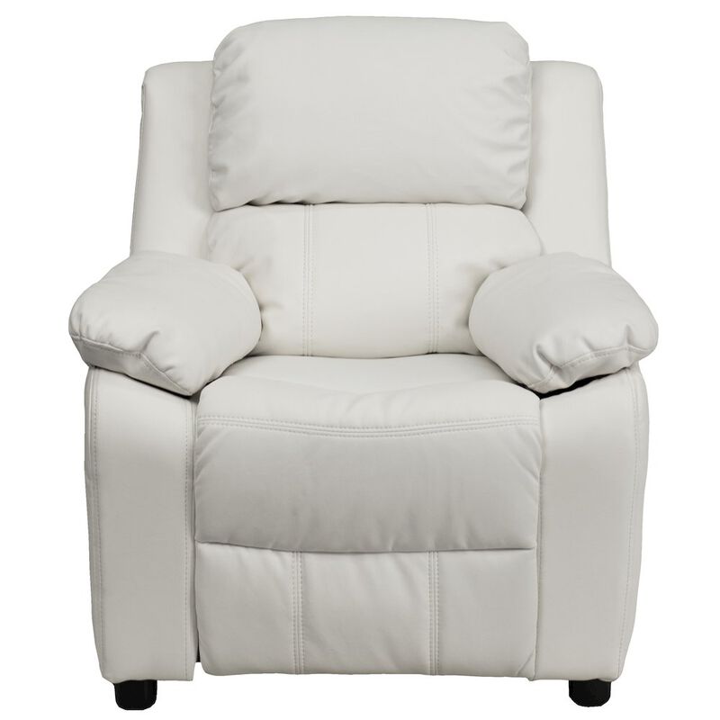 Flash Furniture Deluxe Padded Contemporary White Vinyl Kids Recliner with Storage Arms