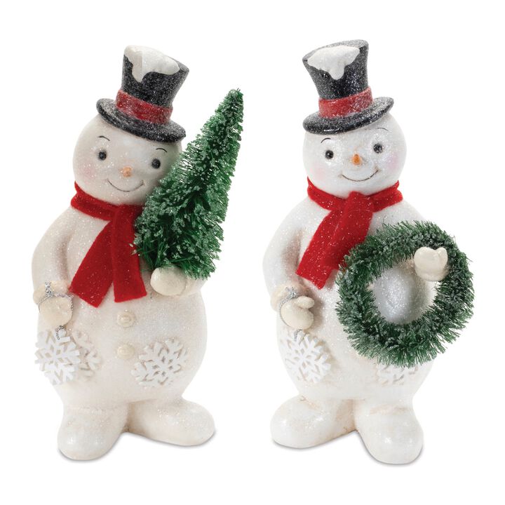 Set of 2 Glittered Snowman Figurines for Holiday Tabletop or Shelf Display