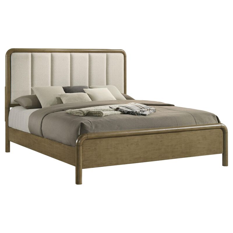 Deon Queen Bed, Vertical Channel Tufted Beige Boucle Upholstery, Brown