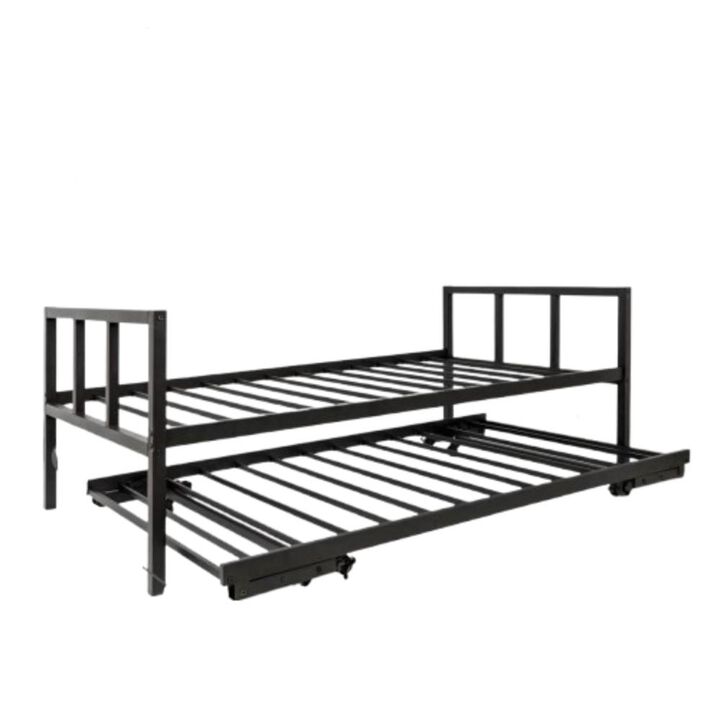 Hivvago Twin Heavy Duty Black Metal Daybed Frame with Roll-Out Pop-Up Trundle Bed Frame