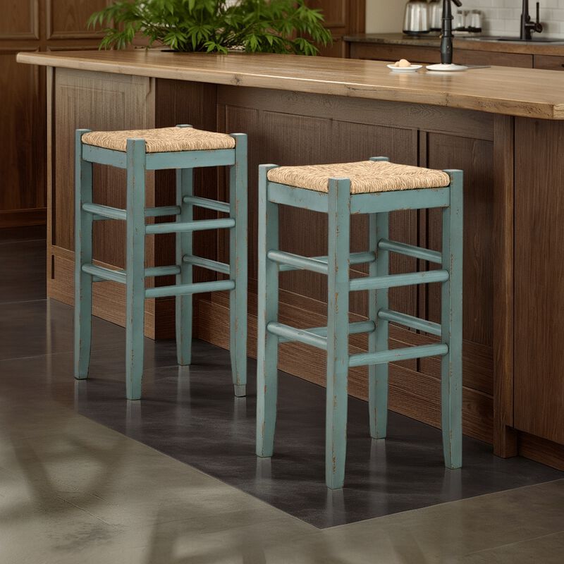 Anya Bar Height Stool Set of 2, Brown Woven Seat, 30 Inch Rustic Blue - Benzara