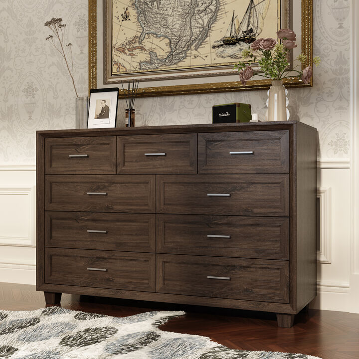 FUFU&GAGA Elegant Deep Brown Wood Grain Storage Cabinet with Beveled Edge & Thickened Design, 9-Drawer Organizer, for Living Room, 60 in. W x 20.1 in. D x 39.8 in. H