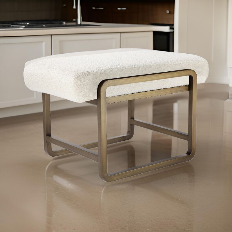 Loer 18 Inch Modern Accent Stool, Ivory Boucle Upholstery, Sled Brass Legs - Benzara