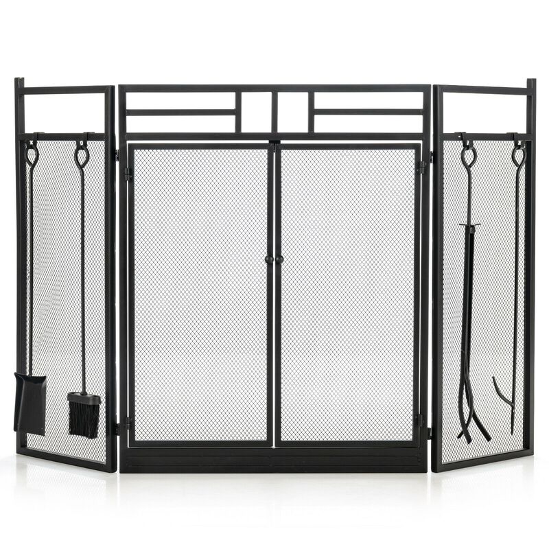 3-Panel Folding Wrought Iron Fireplace Screen with Doors and 4 Pieces Tools Set-Black image number 0