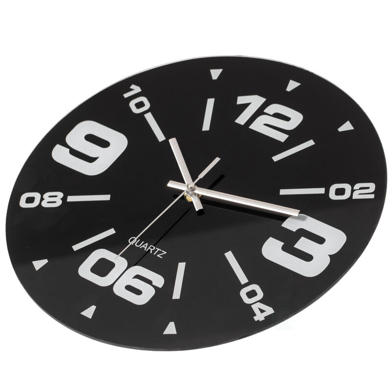 Black Decorative Unique Modern Round Glass Wall Clock, for Living Room, Kitchen, Dining or Bedroom