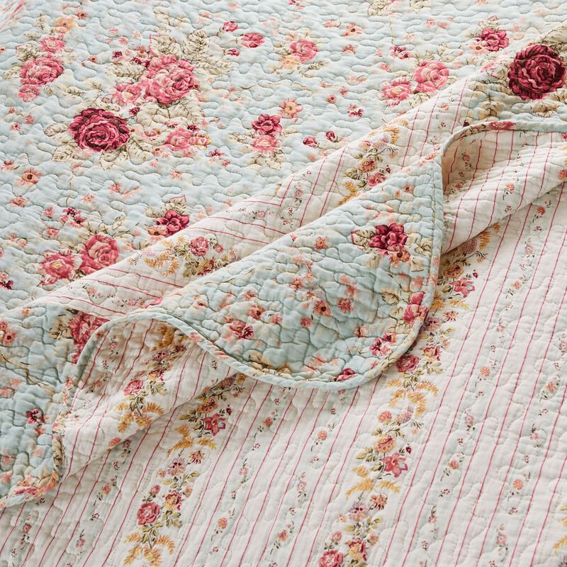 Rosle 3pc King Bedspread Set, 2 Shams, Reversible Rose Print, Blue Cotton - Benzara