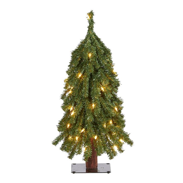 Nearly Natural 2-ft Grand Alpine Artificial Christmas Tree with 35 Clear Lights and 111 Bendable Branches on Natural Trunk