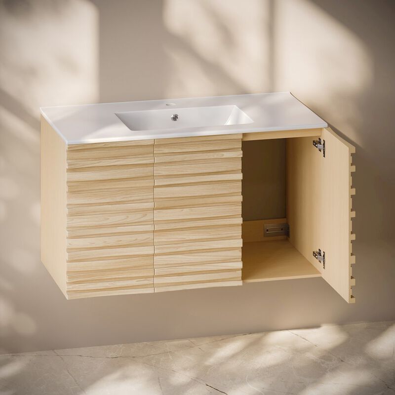 Cascade 36" Wall-Mounted Bathroom Vanity in Natural Oak with Sink Top image number 7