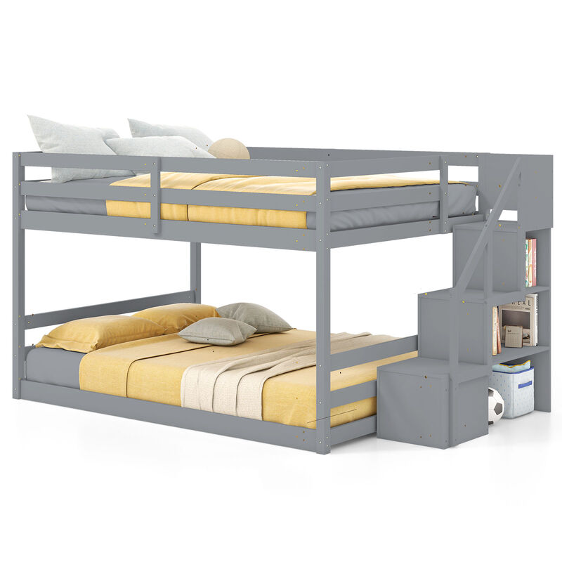 Full Over Full Low Bunk Bed Solid Wood Frame with Storage Stairs image number 4