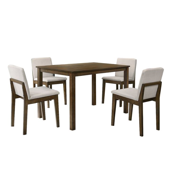 Zory 5pc Dining Table Set, 4 Padded Chairs, Beige Burlap, Brown Wood - Benzara