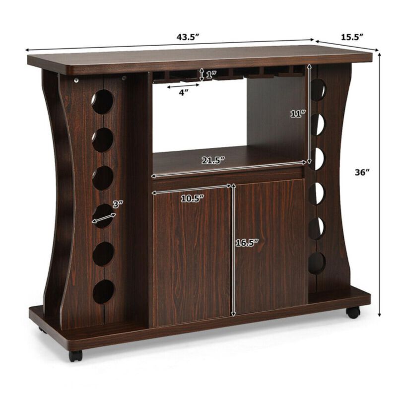 Hivvago Rolling Buffet Sideboard Wooden Bar Storage Cabinet-Walnut