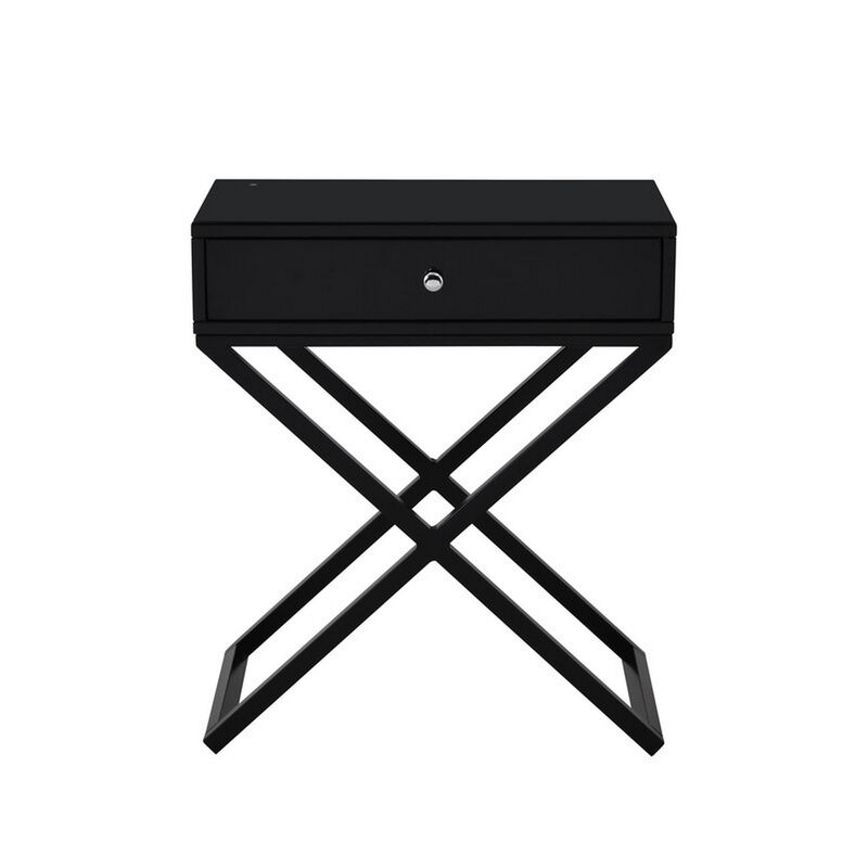 Zeno 27 Inch 1 Drawer Nightstand, Glass Top, Metal Cross Legs, Modern Black-Benzara