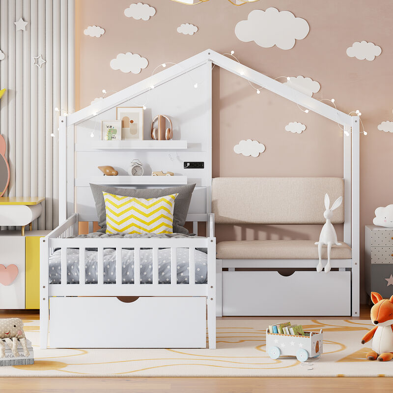 Merax House Bed with Upholstered Sofa image number 2