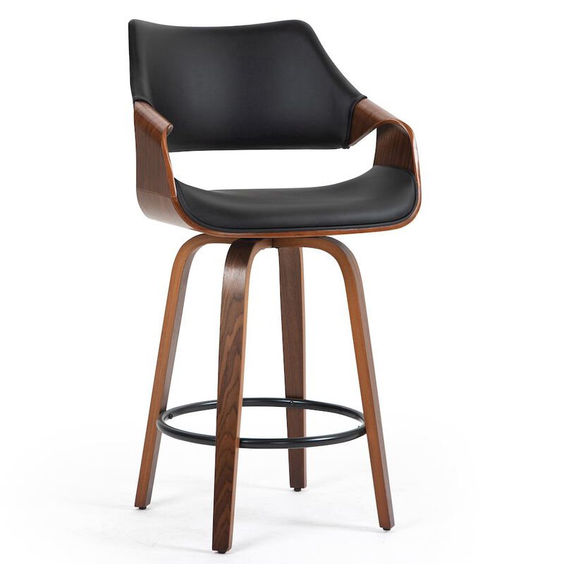 Glamour Home Beasley Black Faux Leather Counter Stool with Walnut Wood Legs