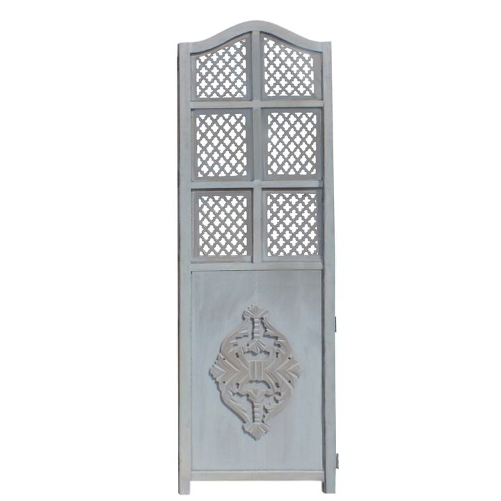 Three Panel Wooden Room Divider with Traditional Carvings and Cutouts, Blue