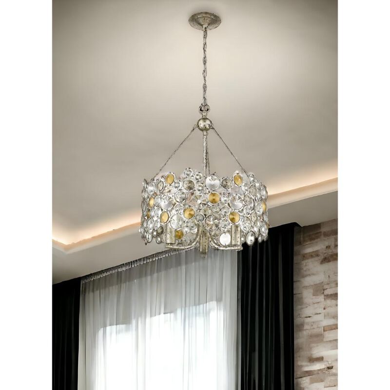 Hivvago Silver Three Light Metal and Crystals Dimmable Chandelier With Silver Shades