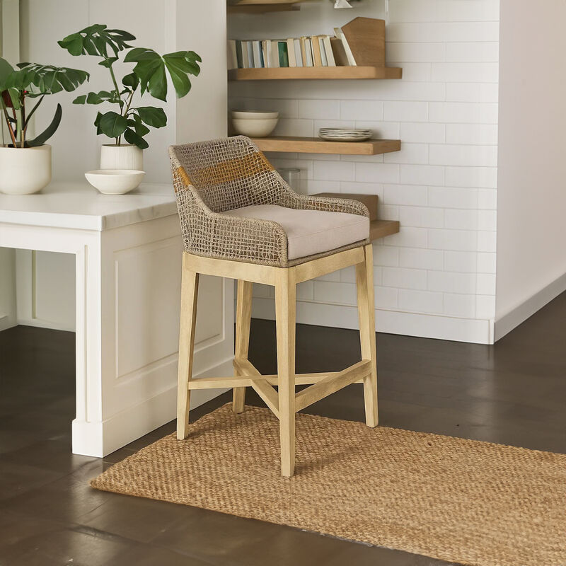 Avira 30 Inch Barstool Chair | Handcrafted Mango Wood | Cotton Rope Weaving | Beige Cushion