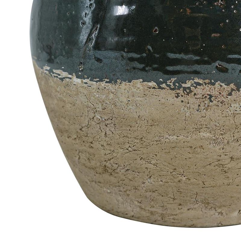HomeRoots 13" Forest Green And Sand Color Block Terracotta Round Jug Vase image number 4