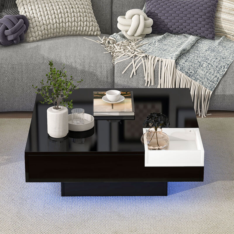 Merax Square Coffee Table with Detachable Tray and Plug-in 16-color LED Strip Lights Remote Control for Living Room image number 2