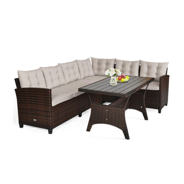 Hivvago 3 Pieces Hand-Woven Rattan Outdoor Sofa Set with Dining Table