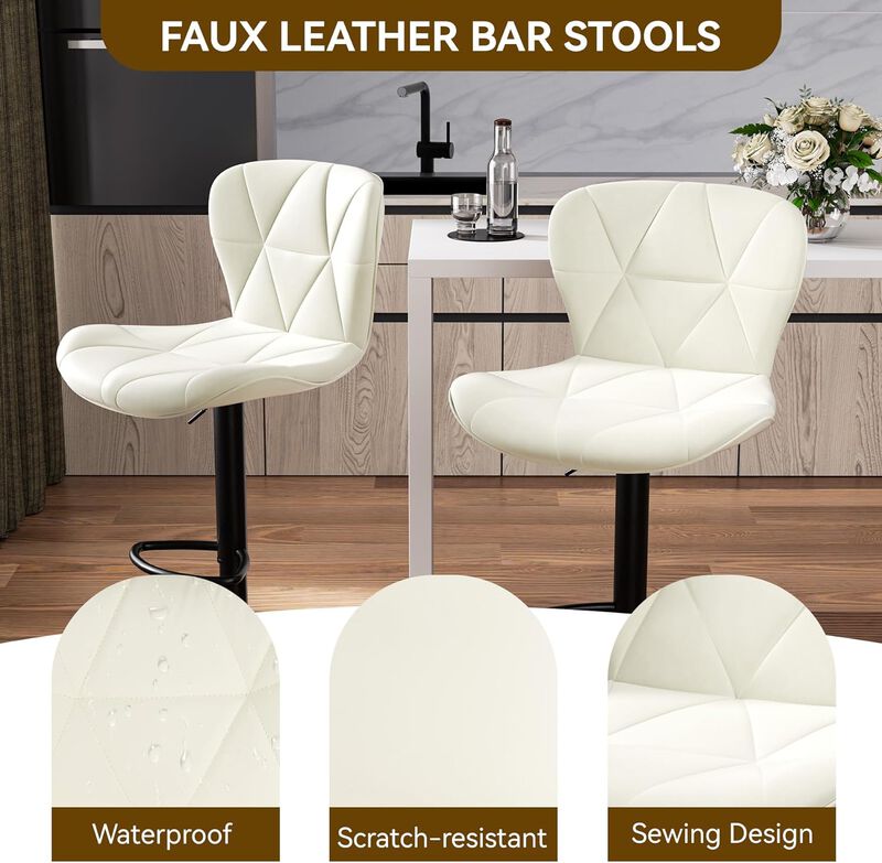 Faux Leather Swivel Bar Stools Set of 2, Adjustable Counter Height Kitchen Chairs, Iron Frame High Backrest 360&deg; Barstools for Kitchen Counter, Outdoor image number 3