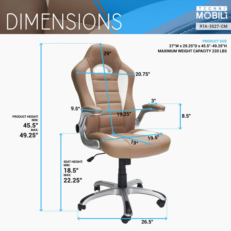 Streamdale High Back Executive Sport Race Office Chair With Flip-Up Arms, Camel image number 3