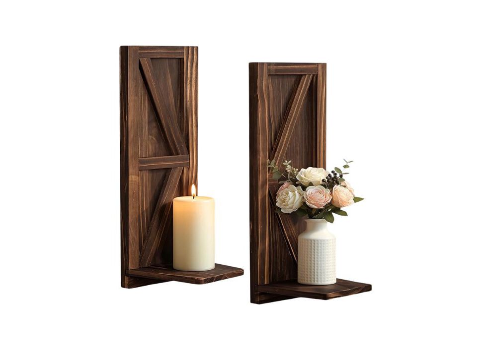 Set of 2 Farmhouse Wooden Candle Sconces Handmade Wall Decor for Home